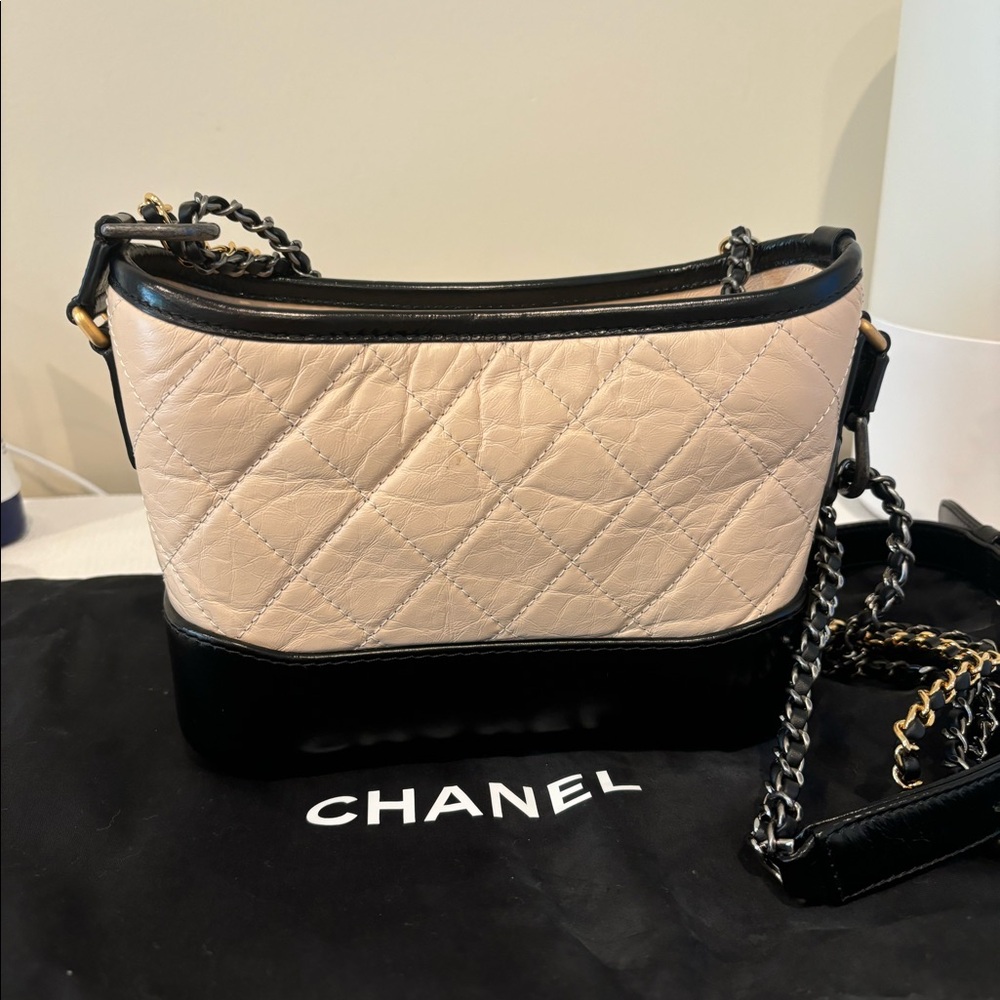 Authentic Chanel Aged Calfskin Quilted Small Gabrielle Hobo Beige Black